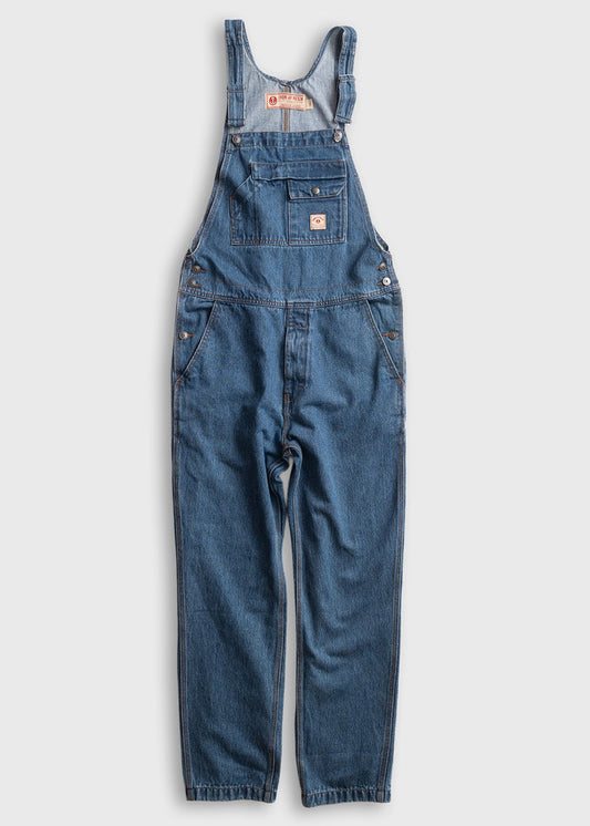 Blue denim overalls with adjustable straps and multiple pockets, displayed on a plain background. Classic workwear style.