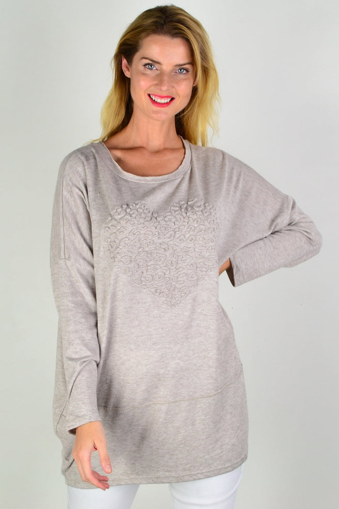 Taupe Indigo Designs knit tunic top with straight fit, featuring long sleeves and a relaxed, comfortable style.