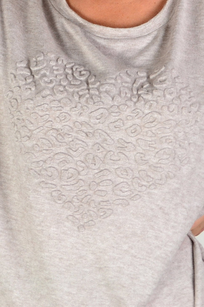 Taupe knit tunic top from Indigo Designs with a straight fit, featuring a soft, cozy fabric and a classic tunic silhouette.