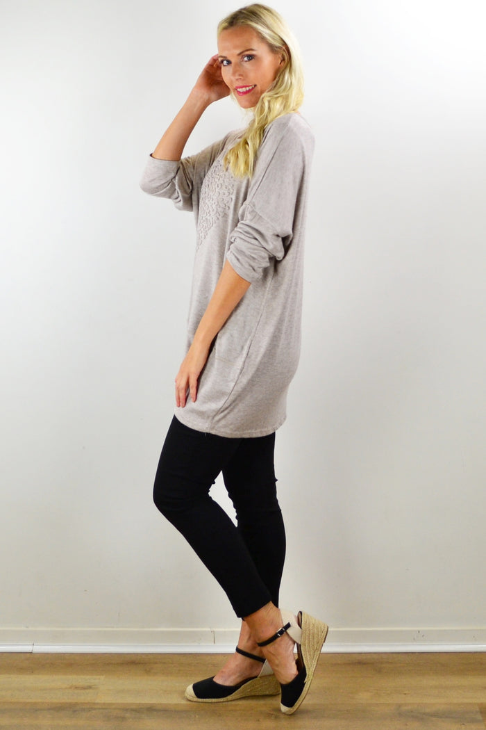 Taupe straight knit tunic top from Indigo Designs, featuring a relaxed fit and long sleeves, styled for casual wear.