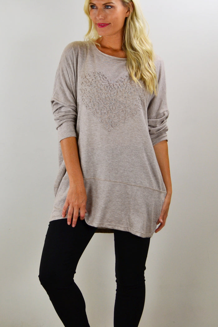 Taupe straight-knit tunic top by Indigo Designs, featuring a relaxed fit and long sleeves, ideal for casual wear.