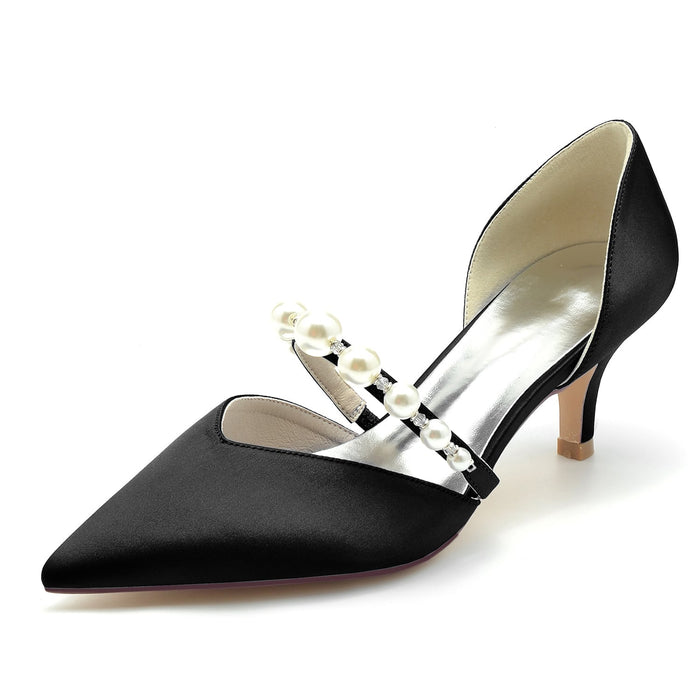 Elegant black satin bridal heels for wedding with pearl accent strap and stylish pointed toe design