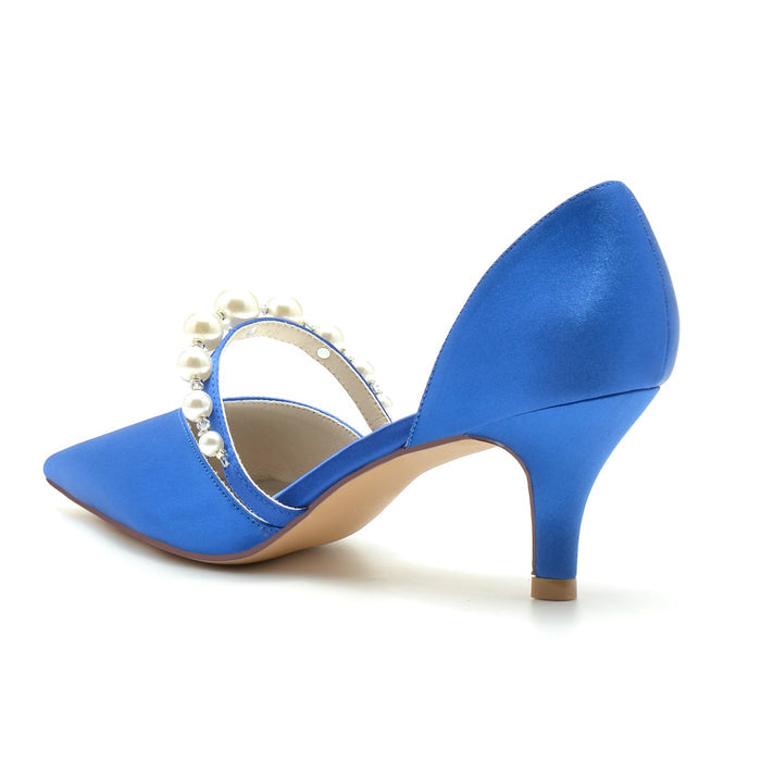 Elegant blue satin bridal heels for wedding with pearl accents and a stylish pointed toe design