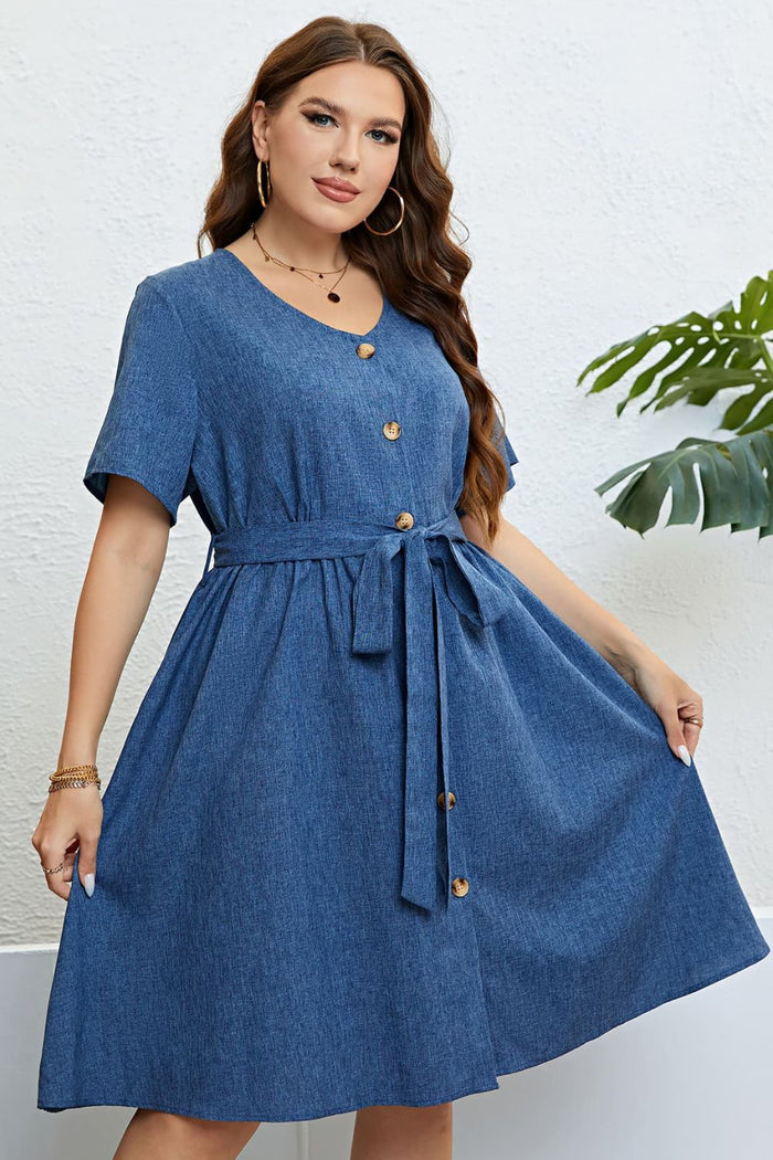 Tie-Waist Button Front Short Sleeve Dress - Madikfashions.com