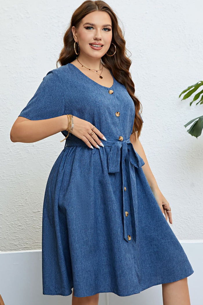 Tie-Waist Button Front Short Sleeve Dress - Madikfashions.com