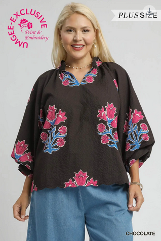Top Bubble Sleeved Tulip Print Split V Neck