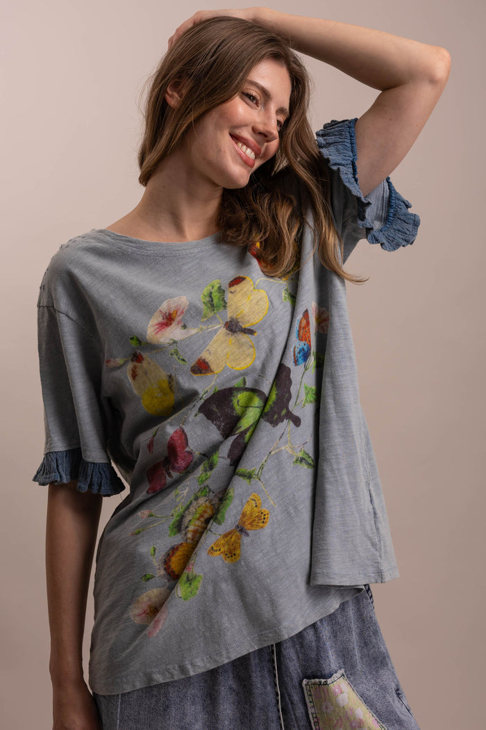 Top Butterfly Print Ruffle Short Sleeve