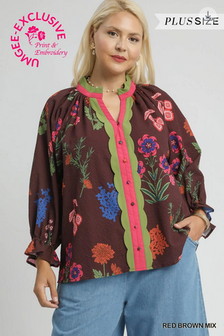 Top Mix Floral Textured Blouse with Scalloped Trim