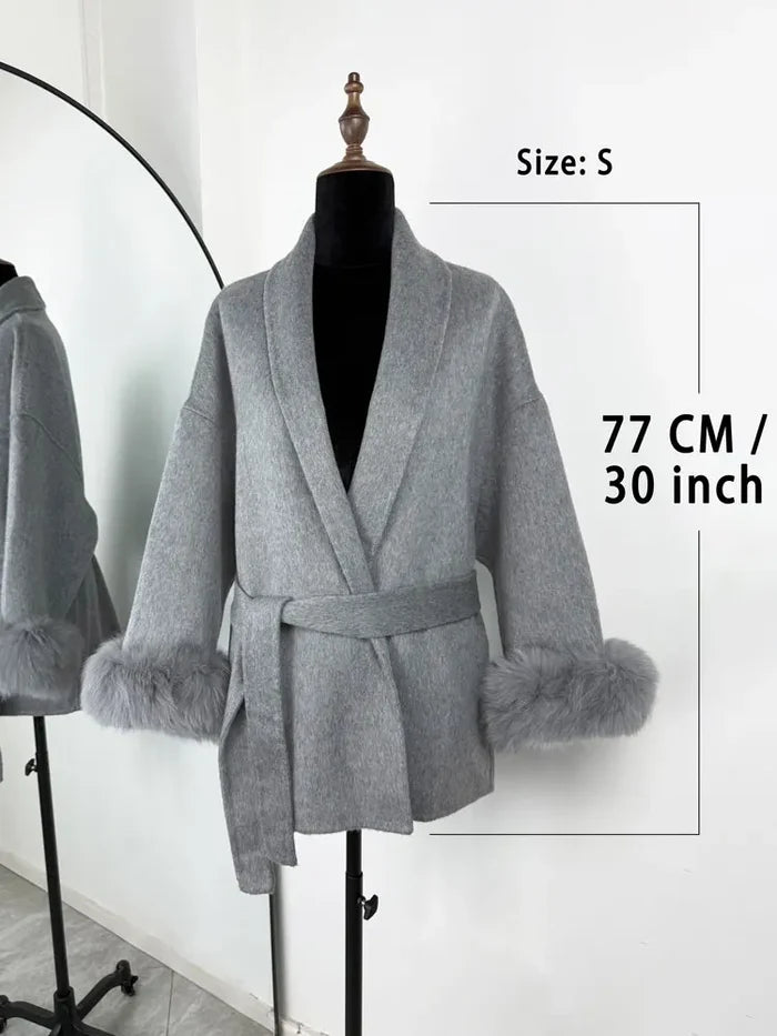 Tossy | Women's Fur Coat – Wool Blend Coat Faux Fur Trim Elegant Short Coat