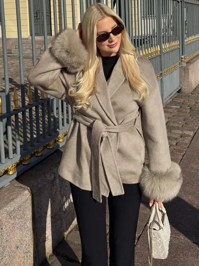 Tossy | Women's Fur Coat – Wool Blend Coat Faux Fur Trim Elegant Short Coat