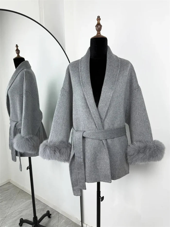 Tossy | Women's Fur Coat – Wool Blend Coat Faux Fur Trim Elegant Short Coat