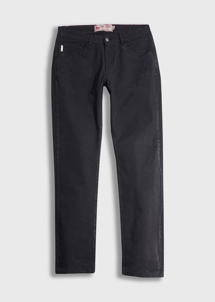 Black straight-leg jeans with button closure and five pockets, displayed on a white background.