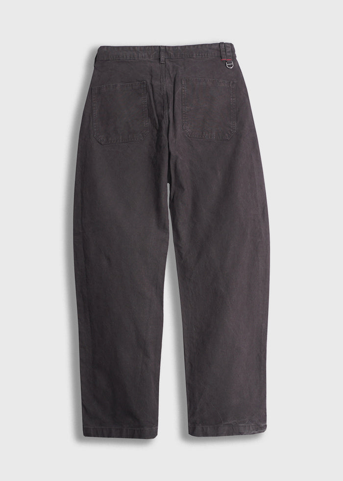 Dark gray pants with two back pockets, belt loops, and a D-ring detail, displayed flat on a light background.