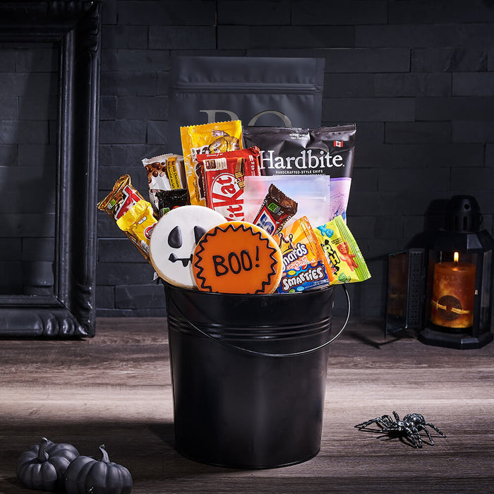 Trick-or-Treat Gift Bucket, halloween gift, halloween, gourmet gift, gourmet, candy gift, candy, popcorn gift, popcorn