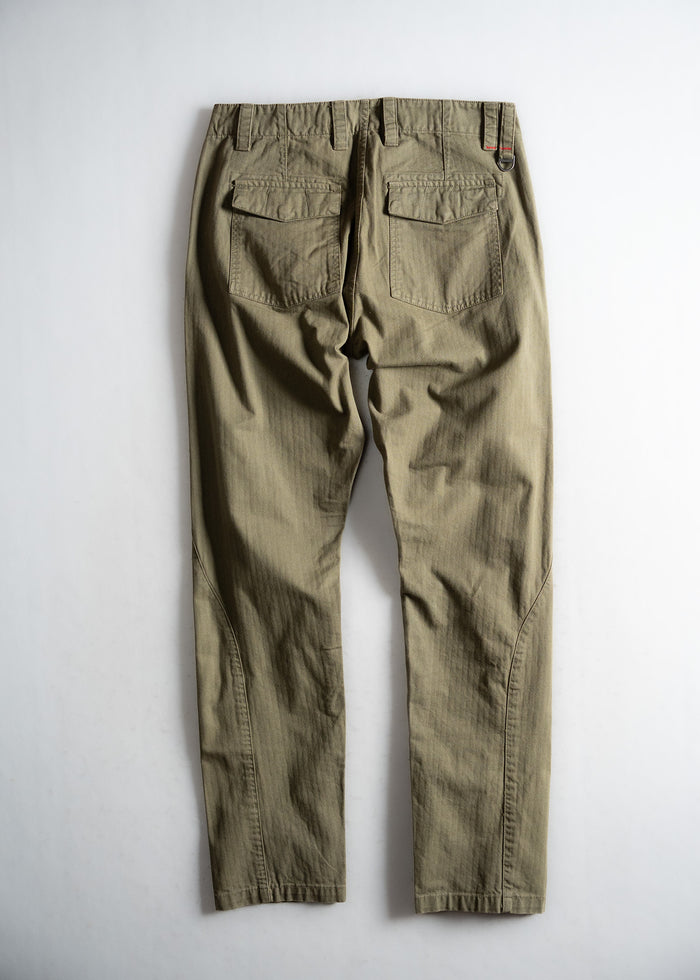 Khaki pants with two back pockets and belt loops, laid flat on a white background, showcasing casual style and utility.