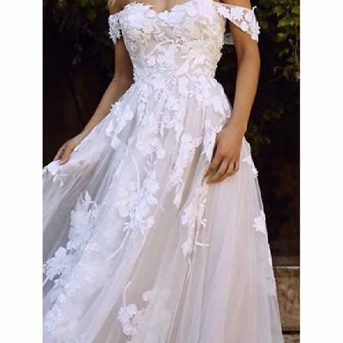 Tulle A-Line Princess Off-The-Shoulder Zipper Wedding Dress With Appliqued