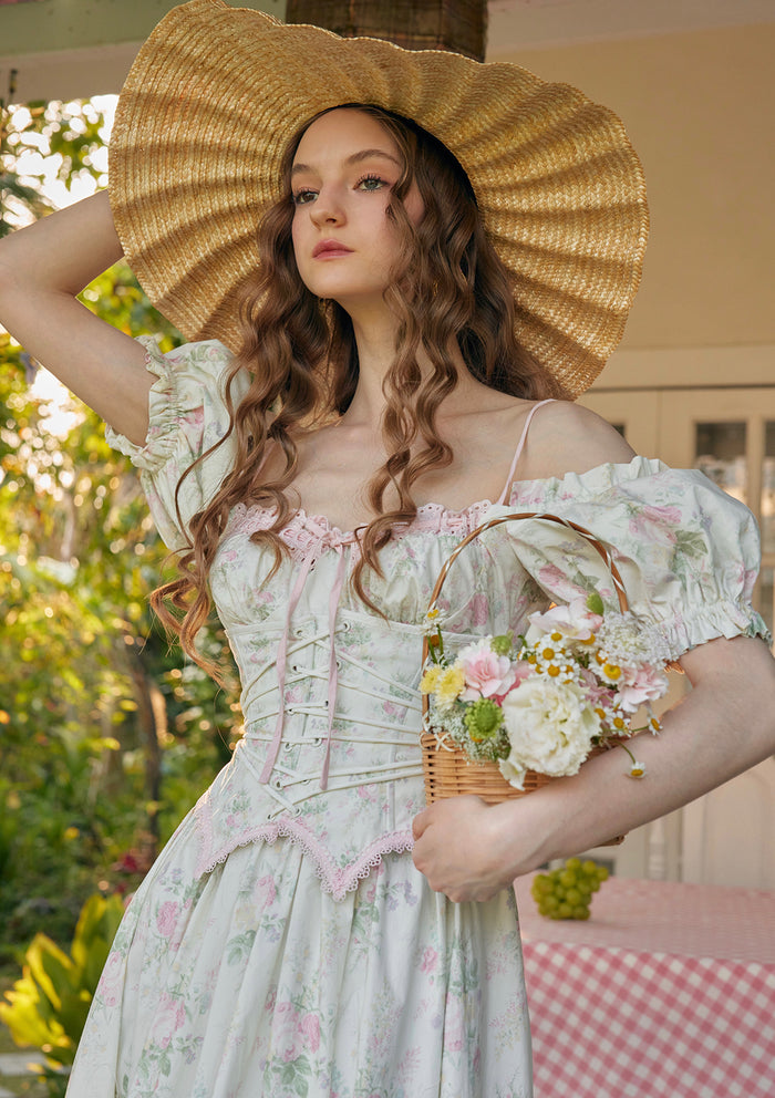 Lacemade mock two-piece floral dress - Basque waist fishbone structure