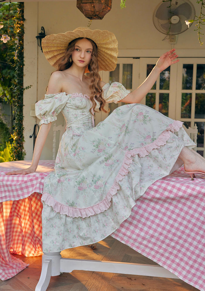 Lacemade whimsical A-line green floral dress for summer tea party