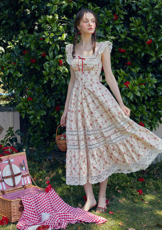 Lacemade "Red Garnet" corset dress with lace trim - whimsical picnic outfit