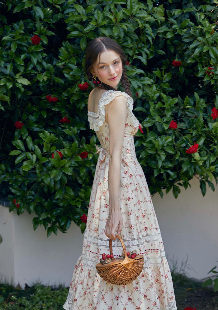 Lacemade vintage floral corset dress - romantic side profile for garden tea party