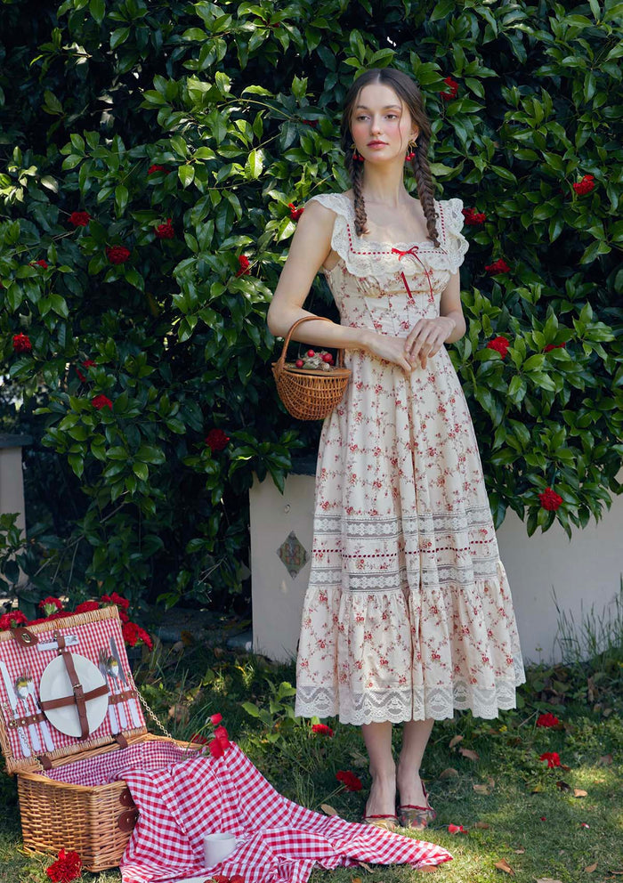 Lacemade "Red Garnet" floral corset dress - Cottagecore picnic aesthetic