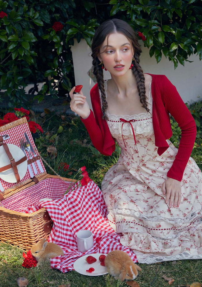 Lacemade cottagecore picnic aesthetic - red garnet floral dress with red cardigan