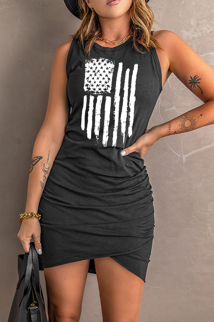 US Flag Graphic Tulip Hem Ruched Sleeveless Dress - Madikfashions.com