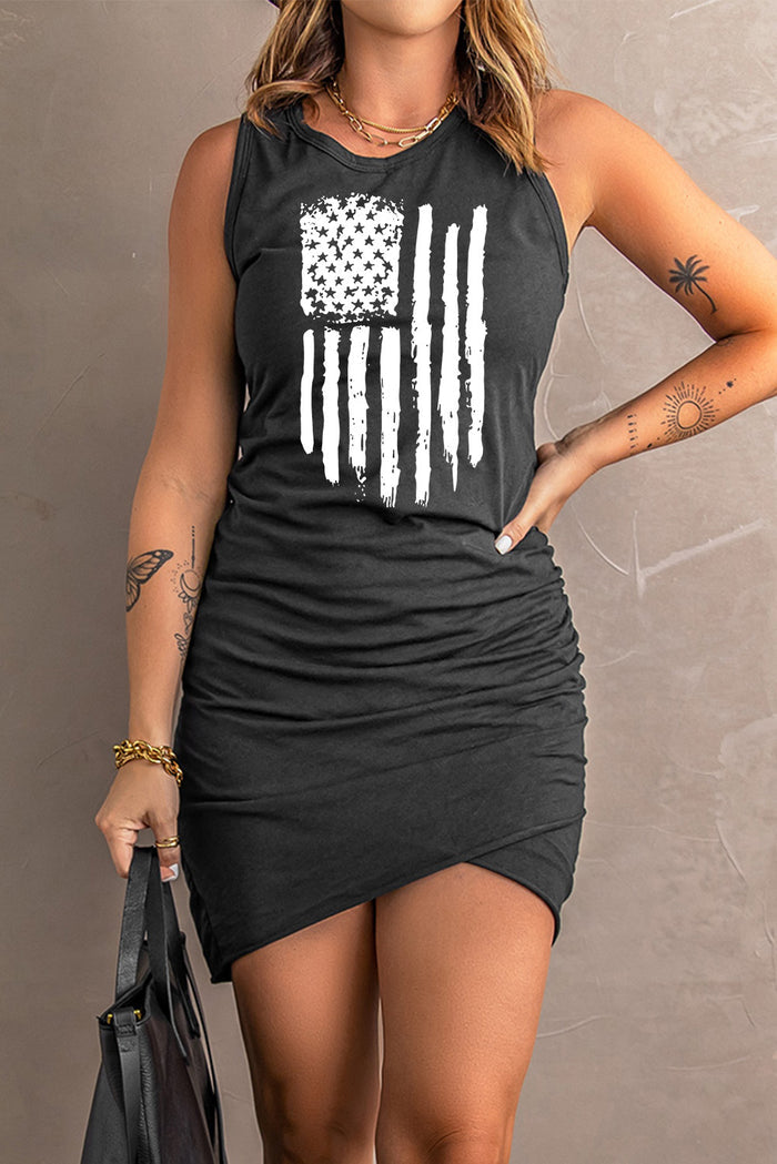 US Flag Graphic Tulip Hem Ruched Sleeveless Dress - Madikfashions.com