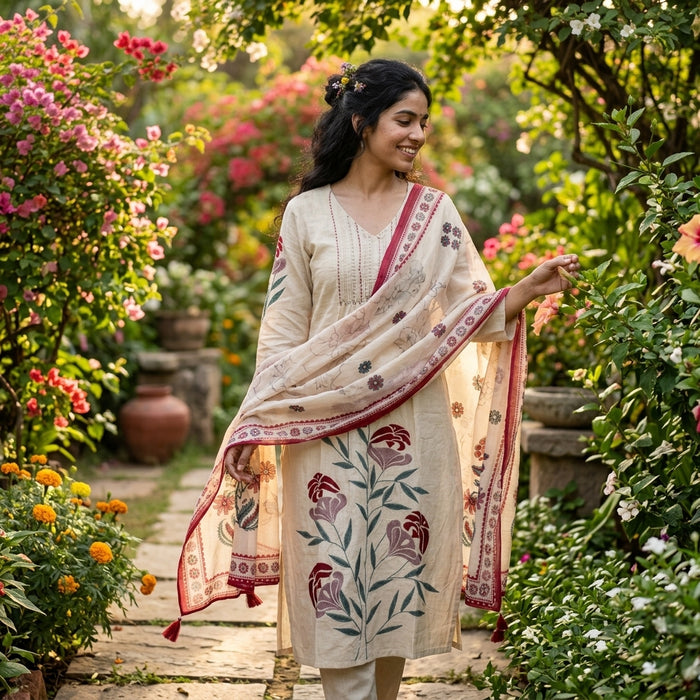 V neck kantha work cotton Ready suit set