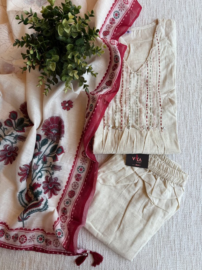 V neck kantha work cotton Ready suit set