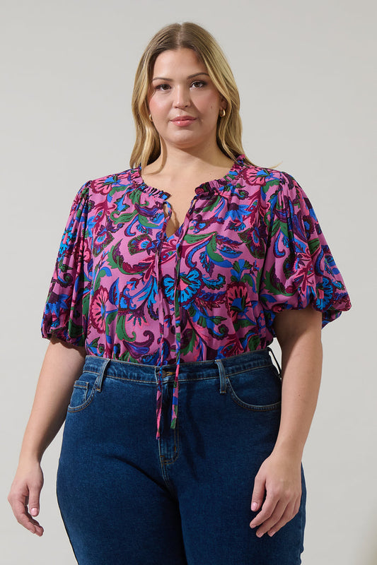 Valier Floral Bluebay Puff Sleeve Blouse Curve