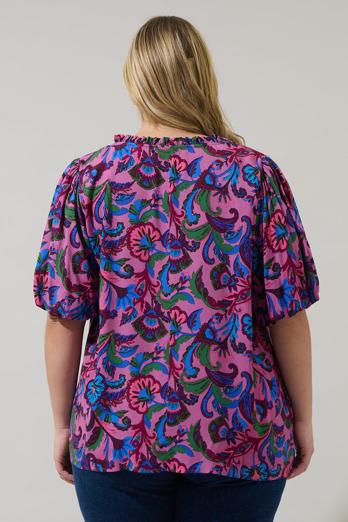 Valier Floral Bluebay Puff Sleeve Blouse Curve