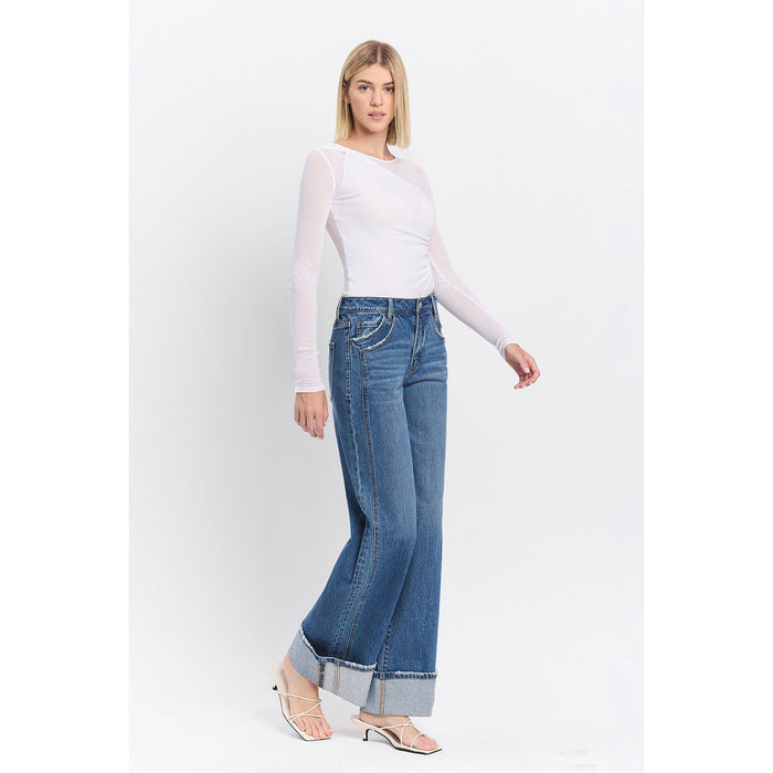Vervet - high rise cuffed baggy wide jeans 6645 - Blue