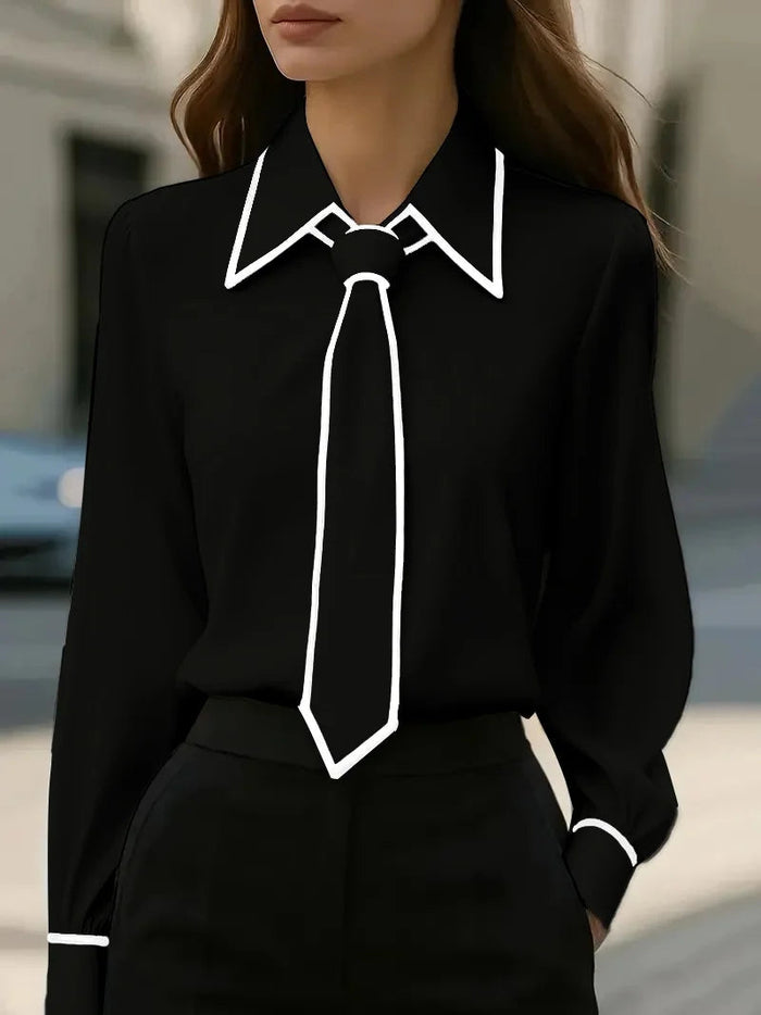 Vivian | Women's Long Sleeve Tie Neck Blouse Contrast Collar