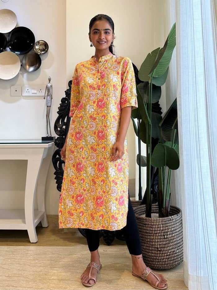 Weekend Cotton Kurta- Yellow Big Floral
