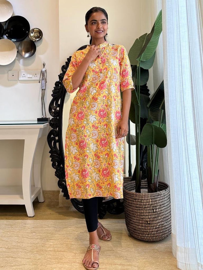 Weekend Cotton Kurta- Yellow Big Floral