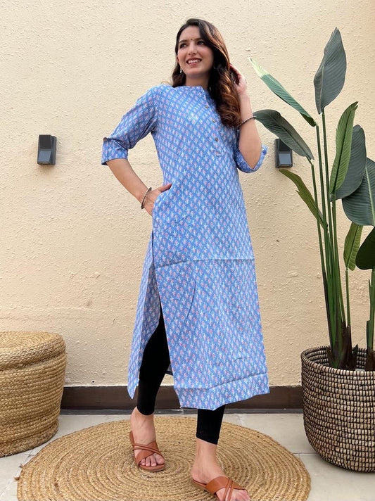 Weekend Cotton Offer Kurti- Diff blue Booti