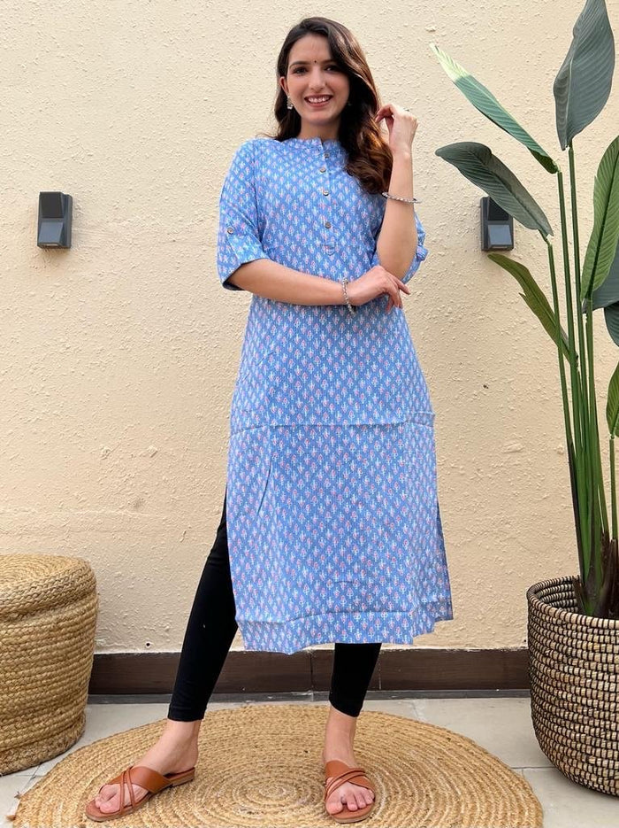 Weekend Cotton Offer Kurti- Diff blue Booti