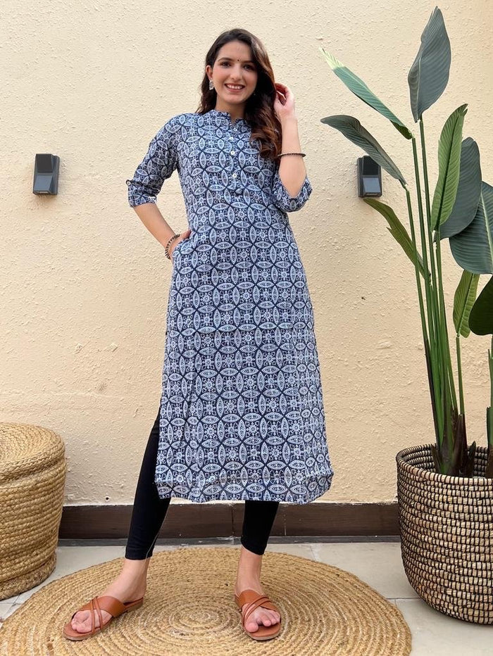 Weekend Cotton Offer Kurti- Navy Jaal