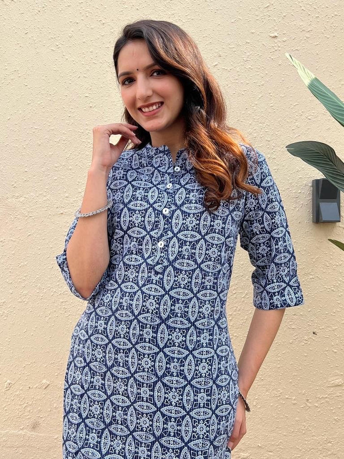 Weekend Cotton Offer Kurti- Navy Jaal