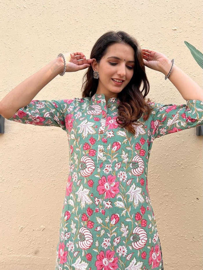 Weekend Offer Cotton Kurta- Diff Green Big Floral