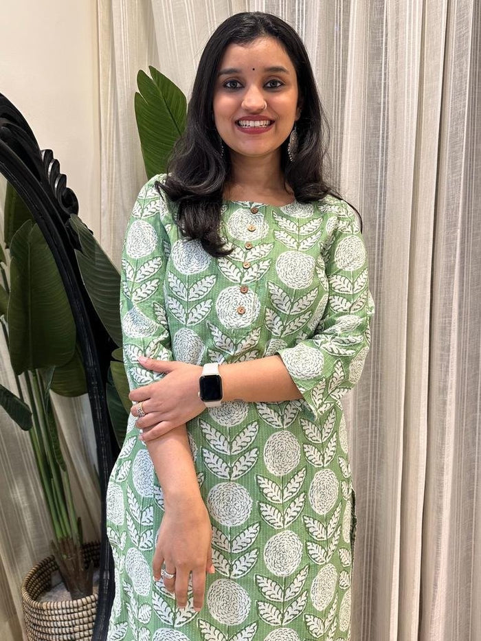 Weekend Round Neck Kurta- Green White Boota
