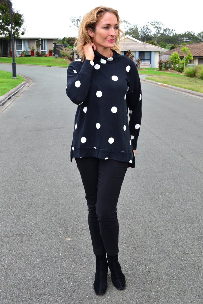 White Spot Long Sleeve Fleece Tunic Top by Wishstone, showing a cozy fleece tunic with white spots and long sleeves.