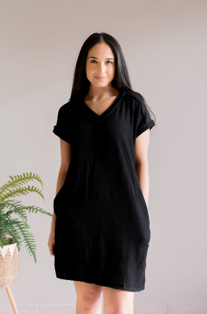 Willow Breeze Ribbed Mini Dress Black
