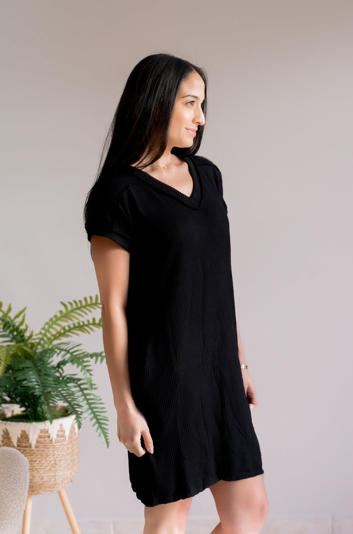 Willow Breeze Ribbed Mini Dress Black