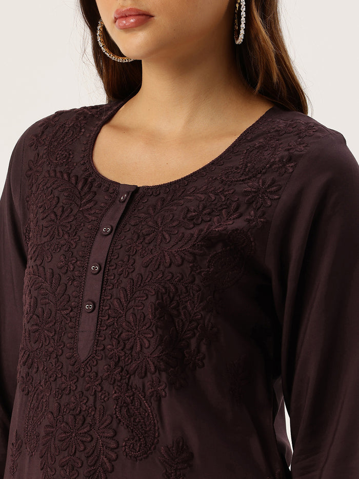 Wine Floral Embroidered Straight Kurta