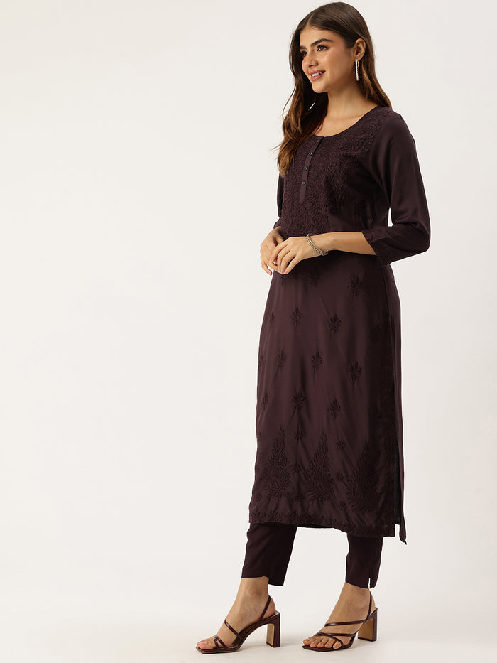 Wine Floral Embroidered Straight Kurta