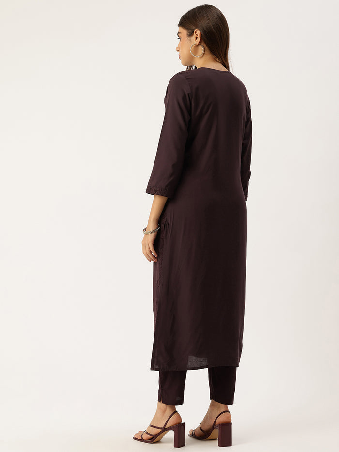 Wine Floral Embroidered Straight Kurta