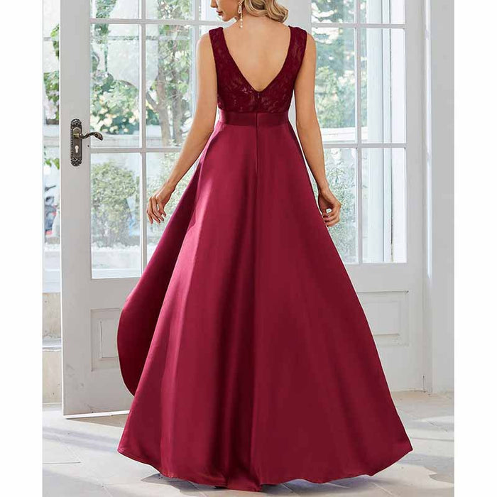 Women Lace and Satin Bridesmaid Dress High-Low A Line Wedding Guest Dress