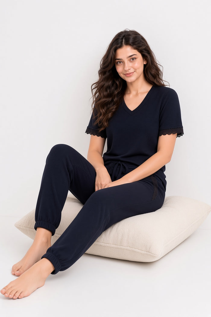 Women Nightwear Set Midnight Navy Blue Mesh Lace Jogger Style Pajama Set